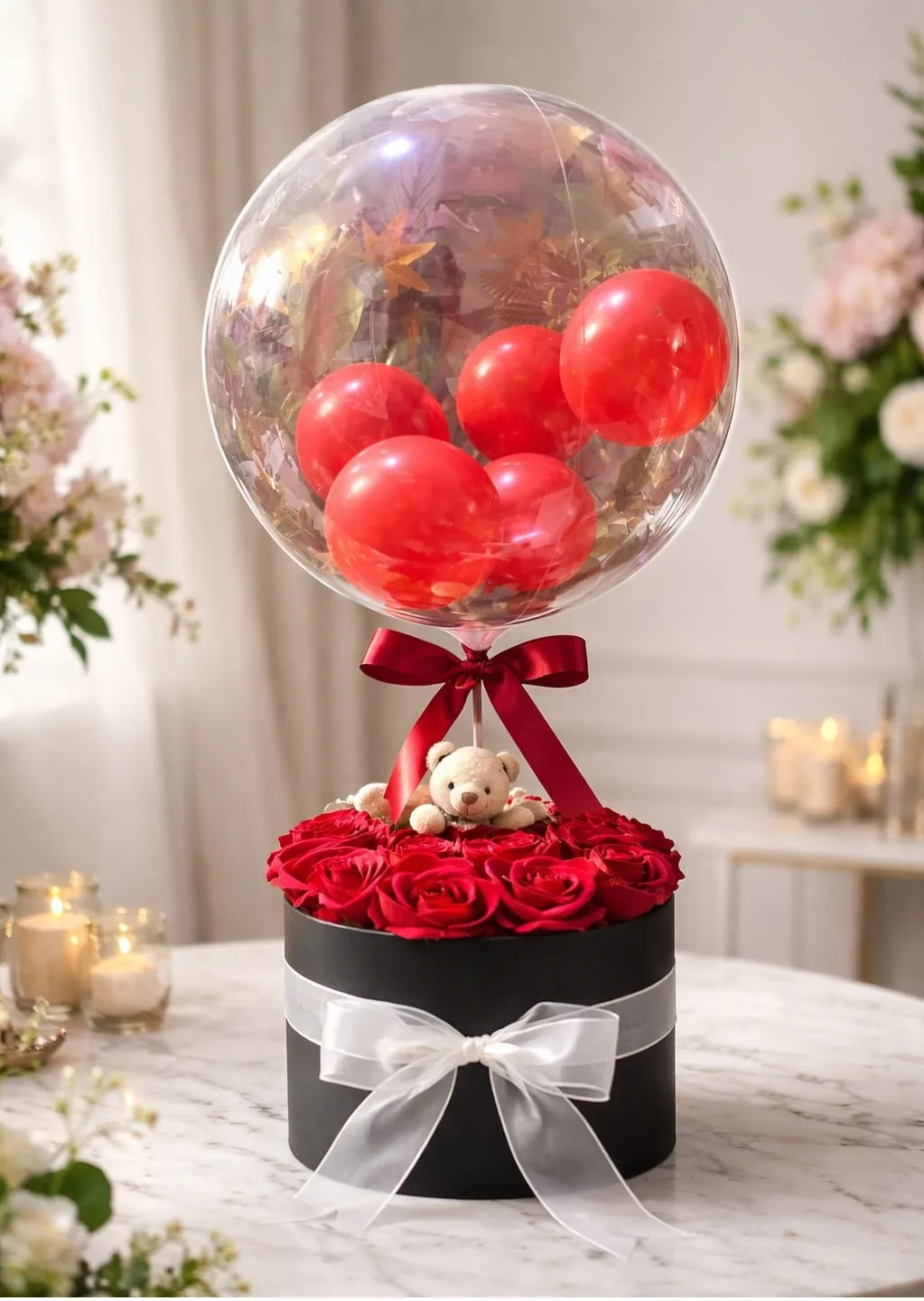 Yapay Kırmızı Güller balon ve ayıcıklar – Masal's Flower Garden