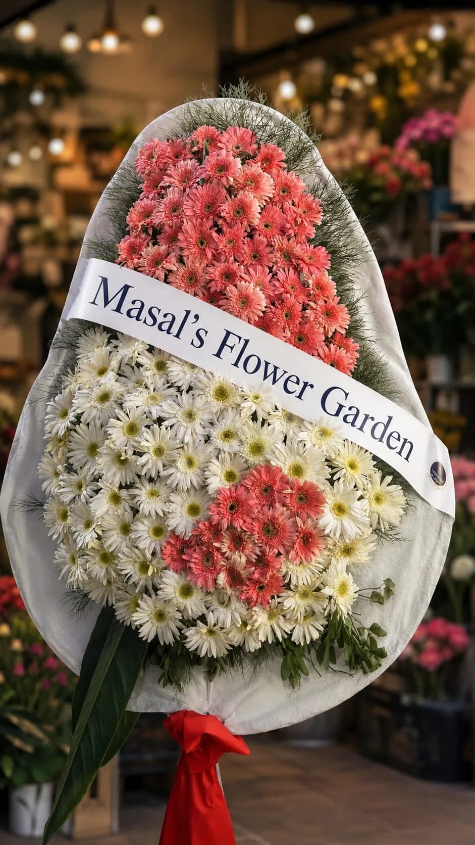 Pembe & Beyaz Tek Katlı Kutlama Çelengi – Masal's Flower Garden