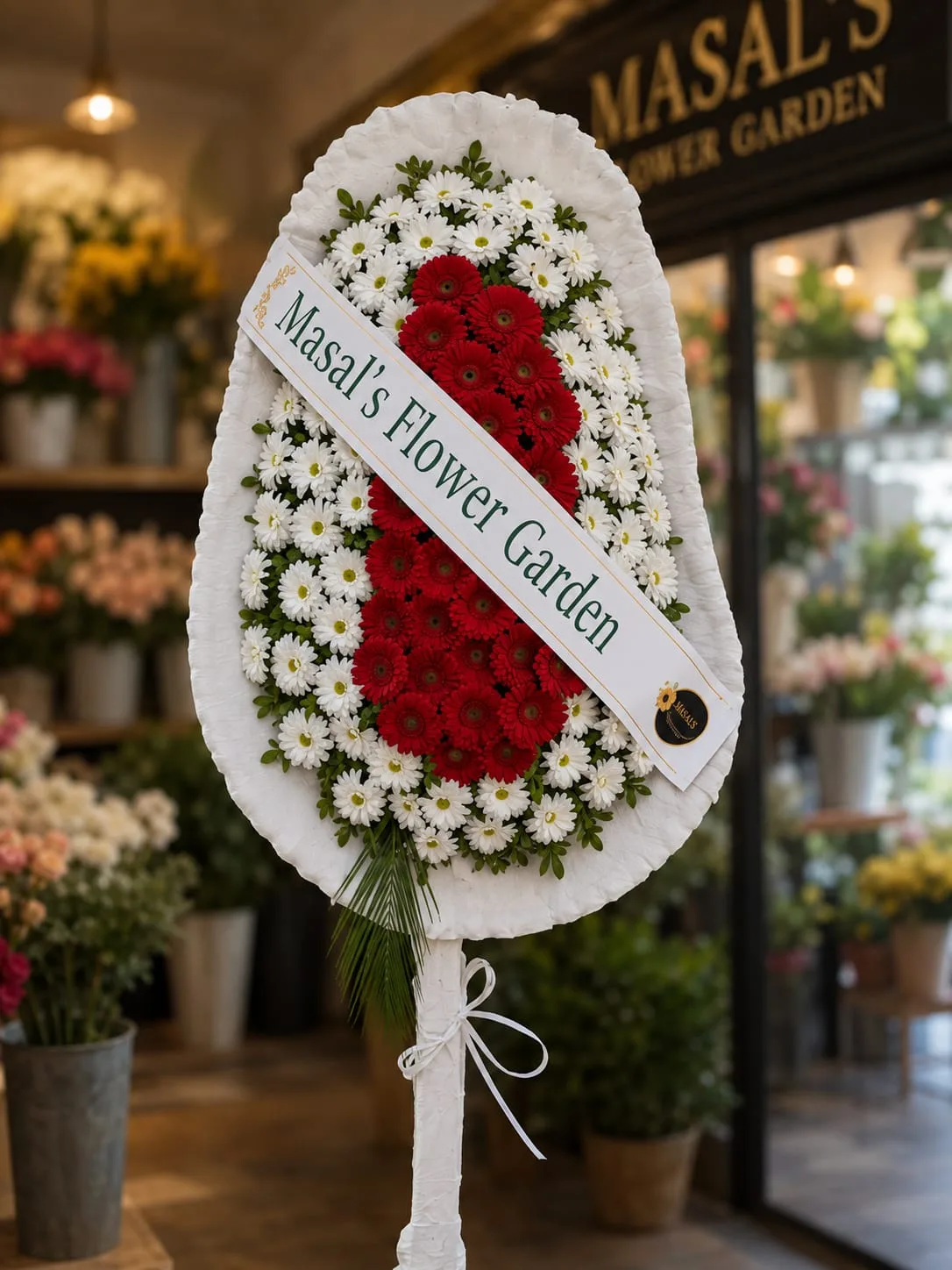 Kırmızı & Beyaz Tek Katlı Kutlama Çelengi – Masal's Flower Garden