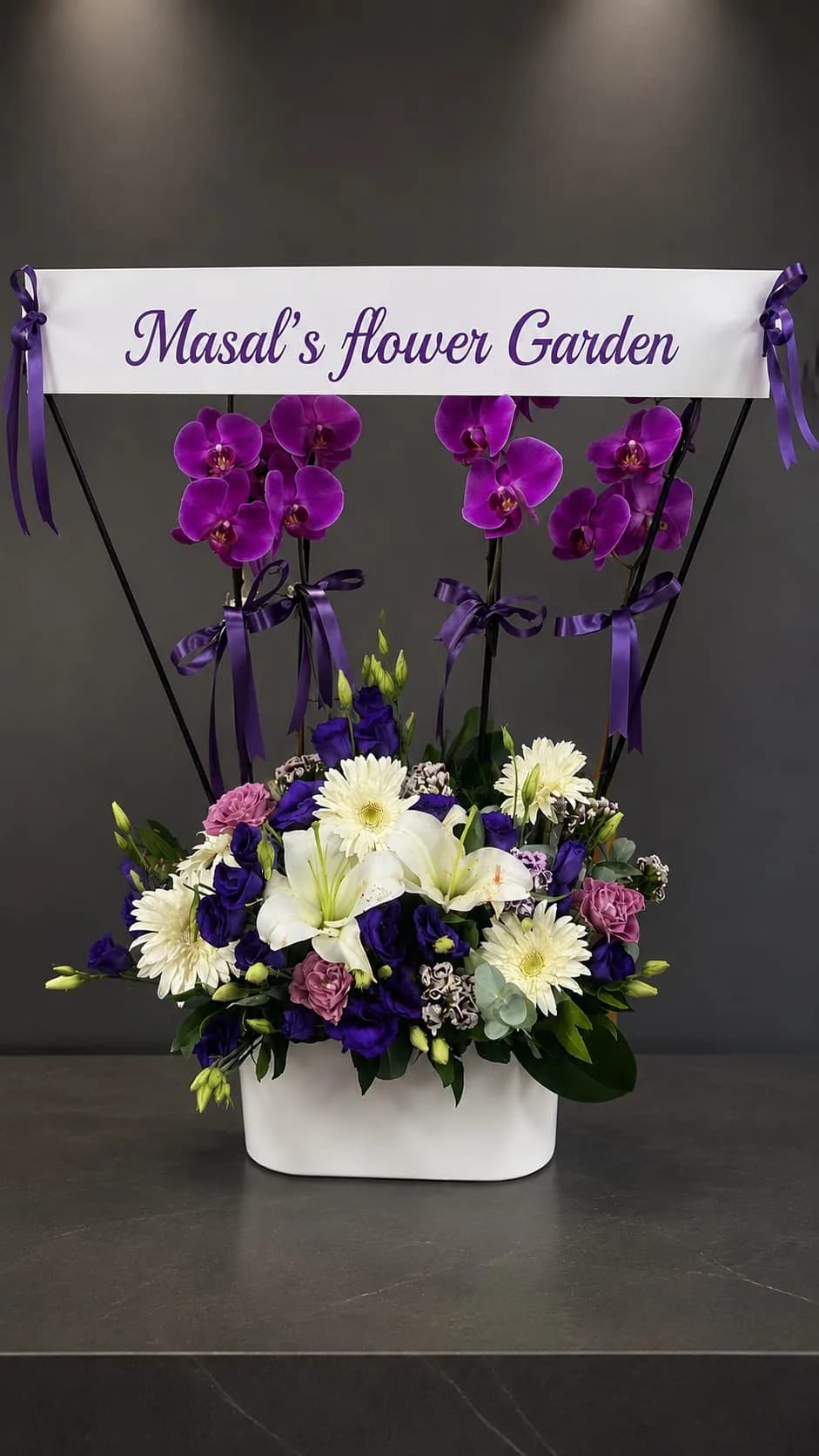 Mor & Beyaz Çiçekli 4 dal Orkide Özel Aranjman – Masal's Flower Garden