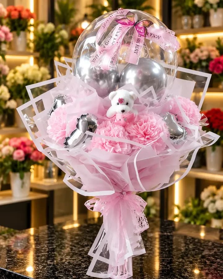 Buca yapay gül ve yapay karanfil buketi, ayıcık ve Bobo balonlu hediye seti – Masal’s Flower Garden